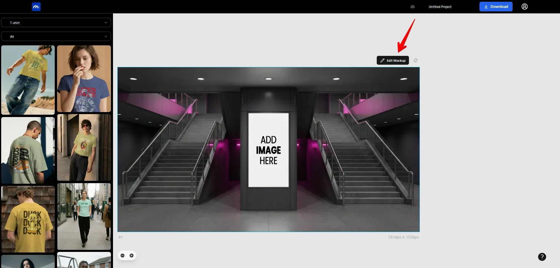 Mockup editor interface displaying subway billboard template with image placeholder and edit options.
